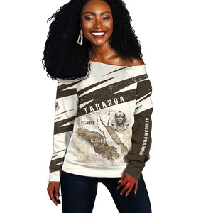 Taharqa Off Shoulder Sweater with Ancient Map Illustration, King of Two Lands Title and Kush Egypt Temple - African Pride