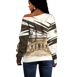Taharqa Off Shoulder Sweater with Ancient Map Illustration, King of Two Lands Title and Kush Egypt Temple - African Pride