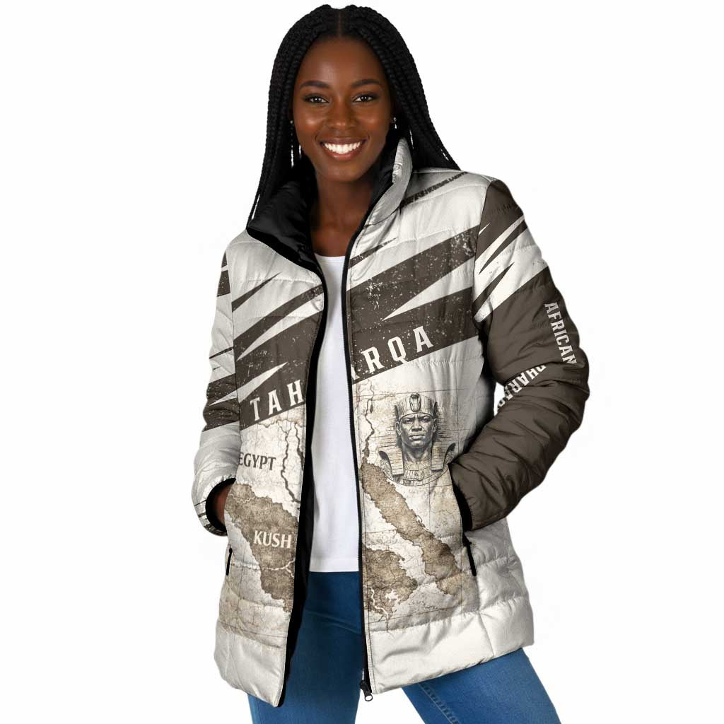 Taharqa Padded Jacket with Ancient Map Illustration, King of Two Lands Title and Kush Egypt Temple - African Pride