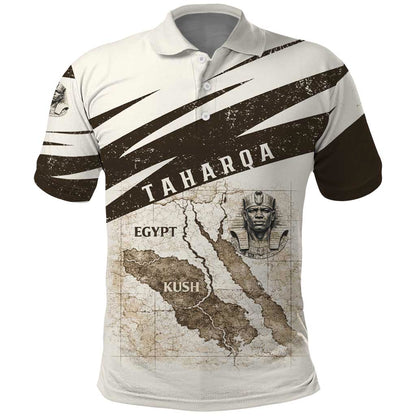 Taharqa Polo Shirt with Ancient Map Illustration, King of Two Lands Title and Kush Egypt Temple - African Pride