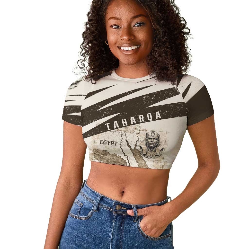 Taharqa Raglan Cropped T shirt with Ancient Map Illustration, King of Two Lands Title and Kush Egypt Temple - African Pride