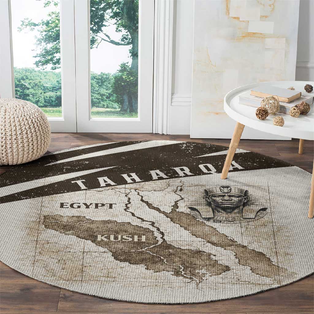 Taharqa Round Carpet with Ancient Map Illustration, King of Two Lands Title and Kush Egypt Temple - African Pride
