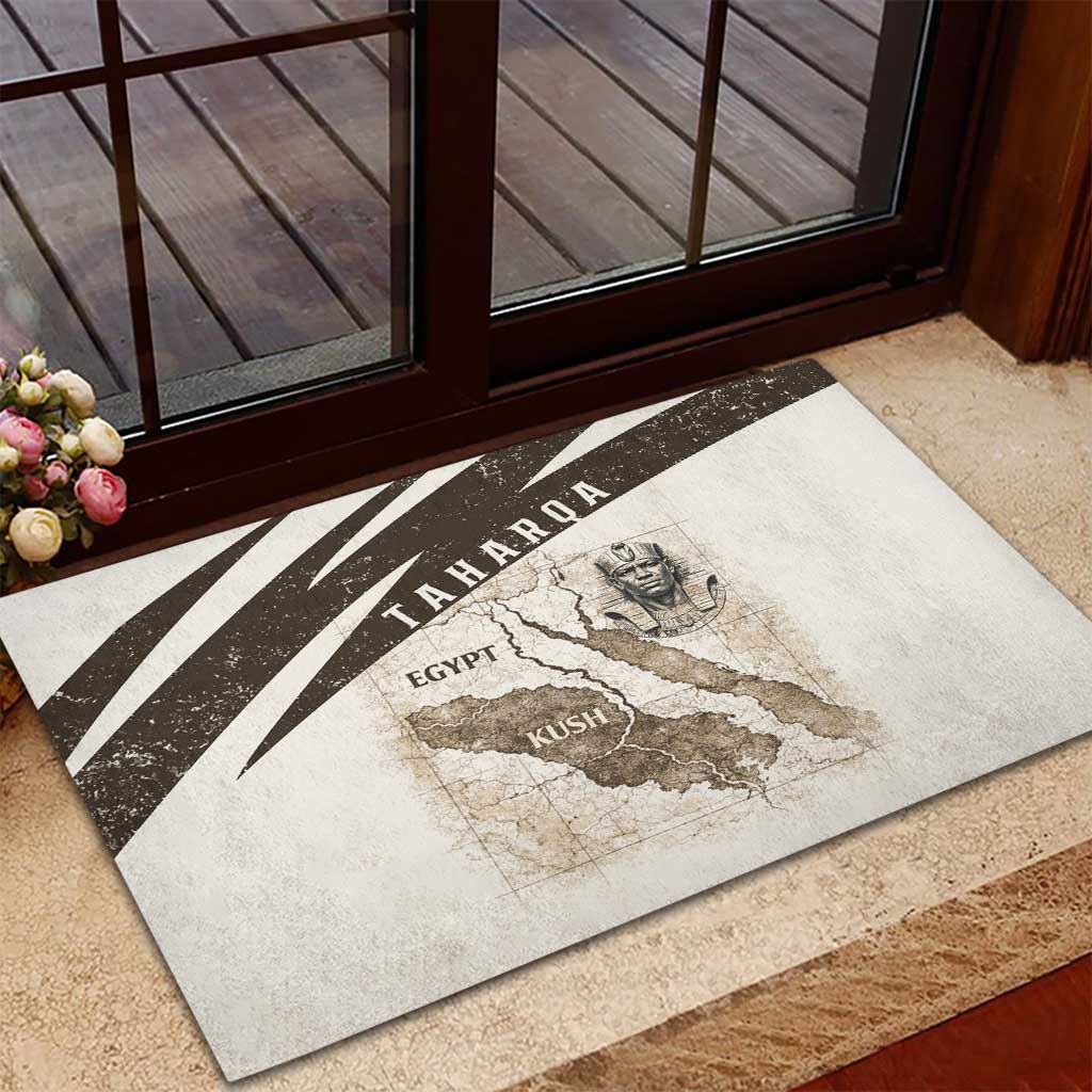Taharqa Rubber Doormat with Ancient Map Illustration, King of Two Lands Title and Kush Egypt Temple - African Pride