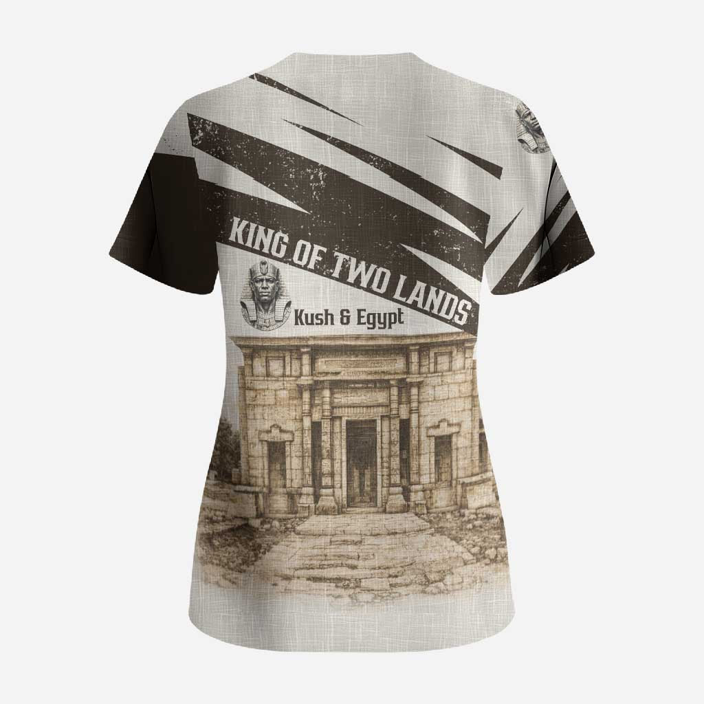 Taharqa Scrub Top with Ancient Map Illustration, King of Two Lands Title and Kush Egypt Temple - African Pride