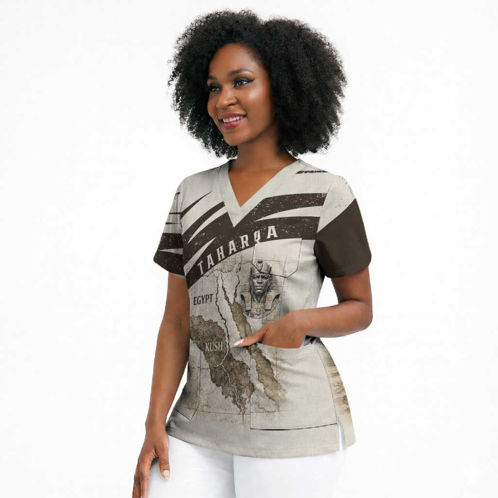 Taharqa Scrub Top with Ancient Map Illustration, King of Two Lands Title and Kush Egypt Temple - African Pride