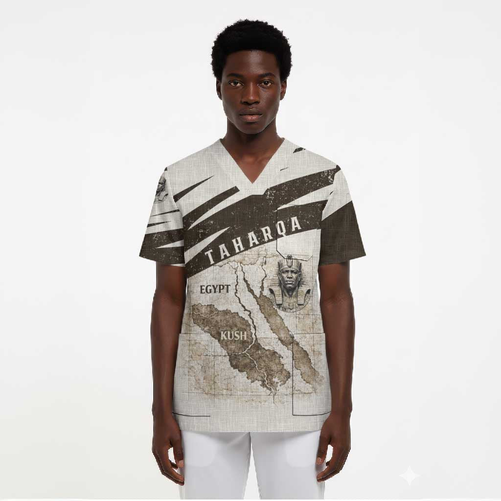 Taharqa Scrub Top with Ancient Map Illustration, King of Two Lands Title and Kush Egypt Temple - African Pride
