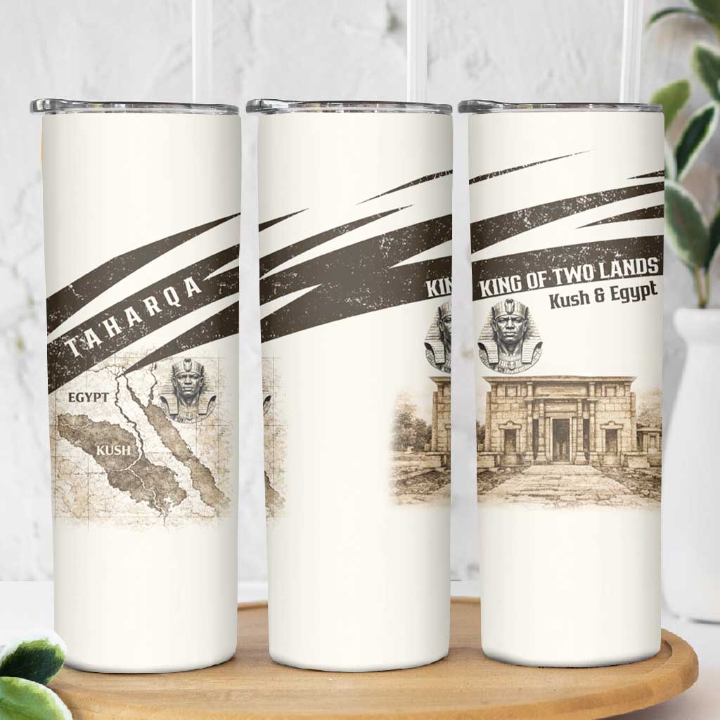 Taharqa Skinny Tumbler with Ancient Map Illustration, King of Two Lands Title and Kush Egypt Temple - African Pride
