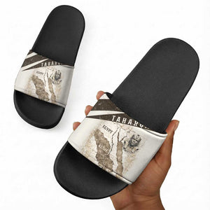 Taharqa Slide Sandals with Ancient Map Illustration, King of Two Lands Title and Kush Egypt Temple - African Pride