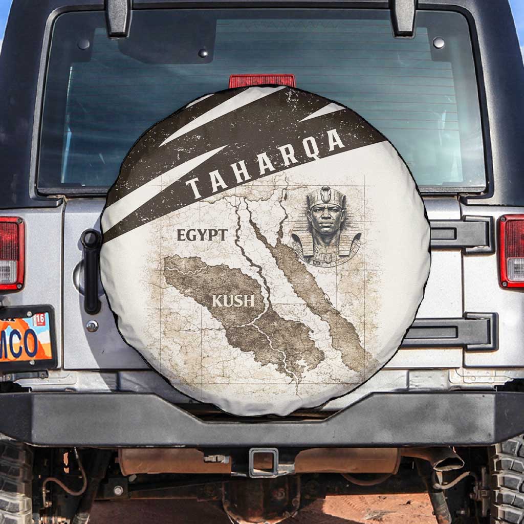 Taharqa Spare Tire Cover with Ancient Map Illustration, King of Two Lands Title and Kush Egypt Temple - African Pride
