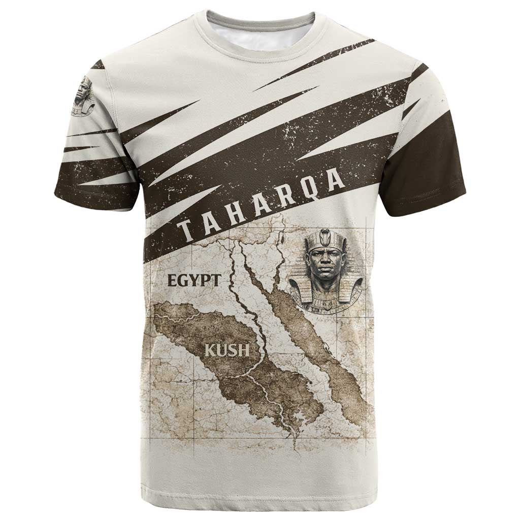 Taharqa T shirt with Ancient Map Illustration, King of Two Lands Title and Kush Egypt Temple - African Pride