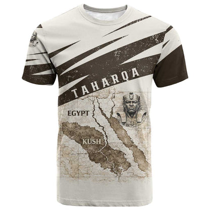 Taharqa T shirt with Ancient Map Illustration, King of Two Lands Title and Kush Egypt Temple - African Pride