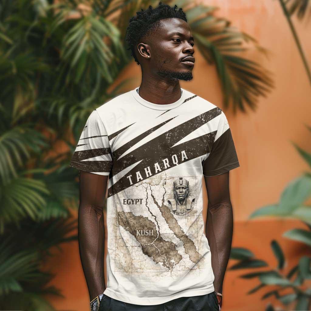 Taharqa T shirt with Ancient Map Illustration, King of Two Lands Title and Kush Egypt Temple - African Pride