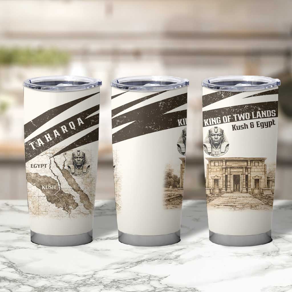 Taharqa Tumbler Cup with Ancient Map Illustration, King of Two Lands Title and Kush Egypt Temple - African Pride