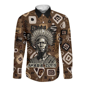Shaka Zulu Long Sleeve Button Shirt Monochrome Portrait Zulu Kingdom Heritage Unconquered Spirit Warrior Legacy Theme - African Pride