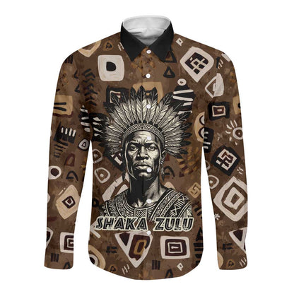 Shaka Zulu Long Sleeve Button Shirt Monochrome Portrait Zulu Kingdom Heritage Unconquered Spirit Warrior Legacy Theme - African Pride