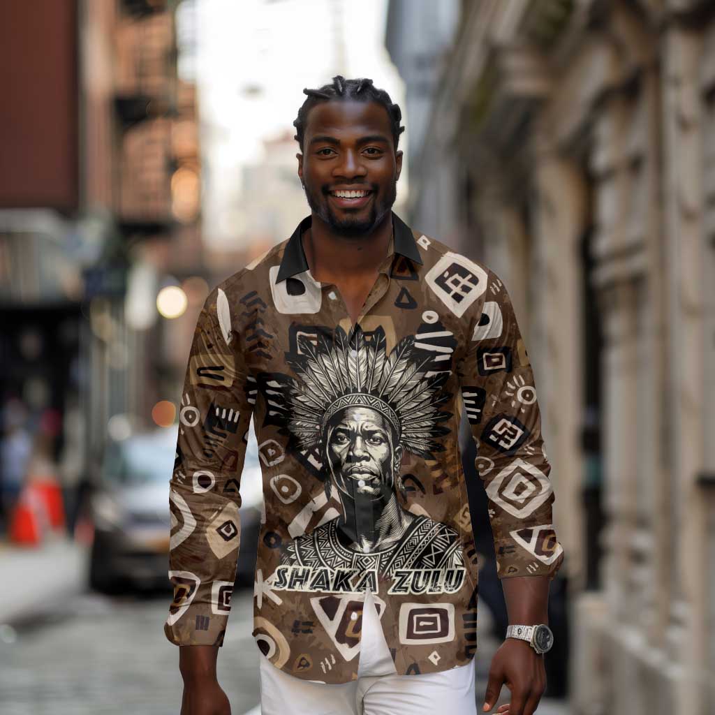 Shaka Zulu Long Sleeve Button Shirt Monochrome Portrait Zulu Kingdom Heritage Unconquered Spirit Warrior Legacy Theme - African Pride