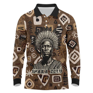 Shaka Zulu Long Sleeve Polo Shirt Monochrome Portrait Zulu Kingdom Heritage Unconquered Spirit Warrior Legacy Theme - African Pride