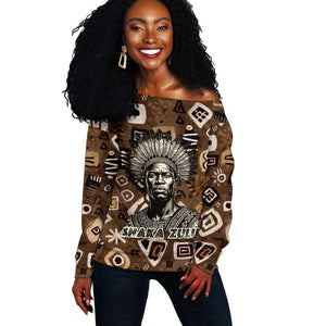 Shaka Zulu Off Shoulder Sweater Monochrome Portrait Zulu Kingdom Heritage Unconquered Spirit Warrior Legacy Theme - African Pride
