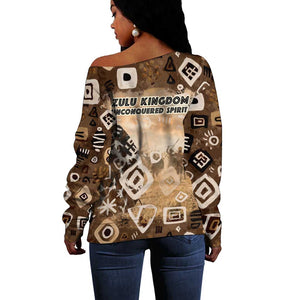 Shaka Zulu Off Shoulder Sweater Monochrome Portrait Zulu Kingdom Heritage Unconquered Spirit Warrior Legacy Theme - African Pride
