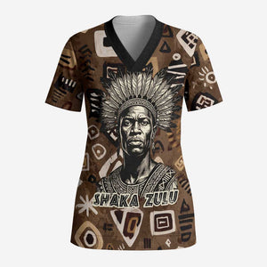 Shaka Zulu Scrub Top Monochrome Portrait Zulu Kingdom Heritage Unconquered Spirit Warrior Legacy Theme - African Pride