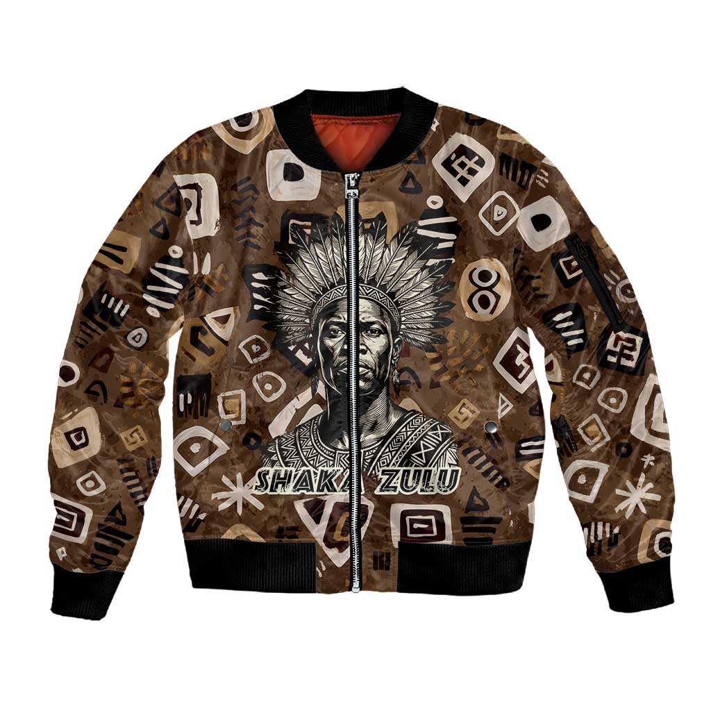 Shaka Zulu Sleeve Zip Bomber Jacket Monochrome Portrait Zulu Kingdom Heritage Unconquered Spirit Warrior Legacy Theme - African Pride