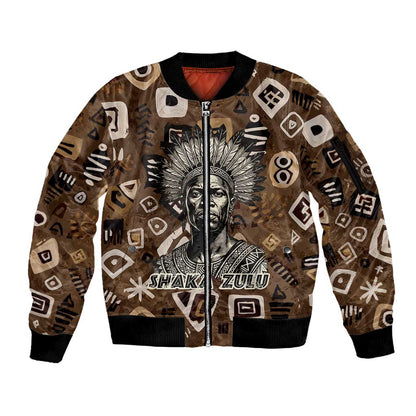 Shaka Zulu Sleeve Zip Bomber Jacket Monochrome Portrait Zulu Kingdom Heritage Unconquered Spirit Warrior Legacy Theme - African Pride