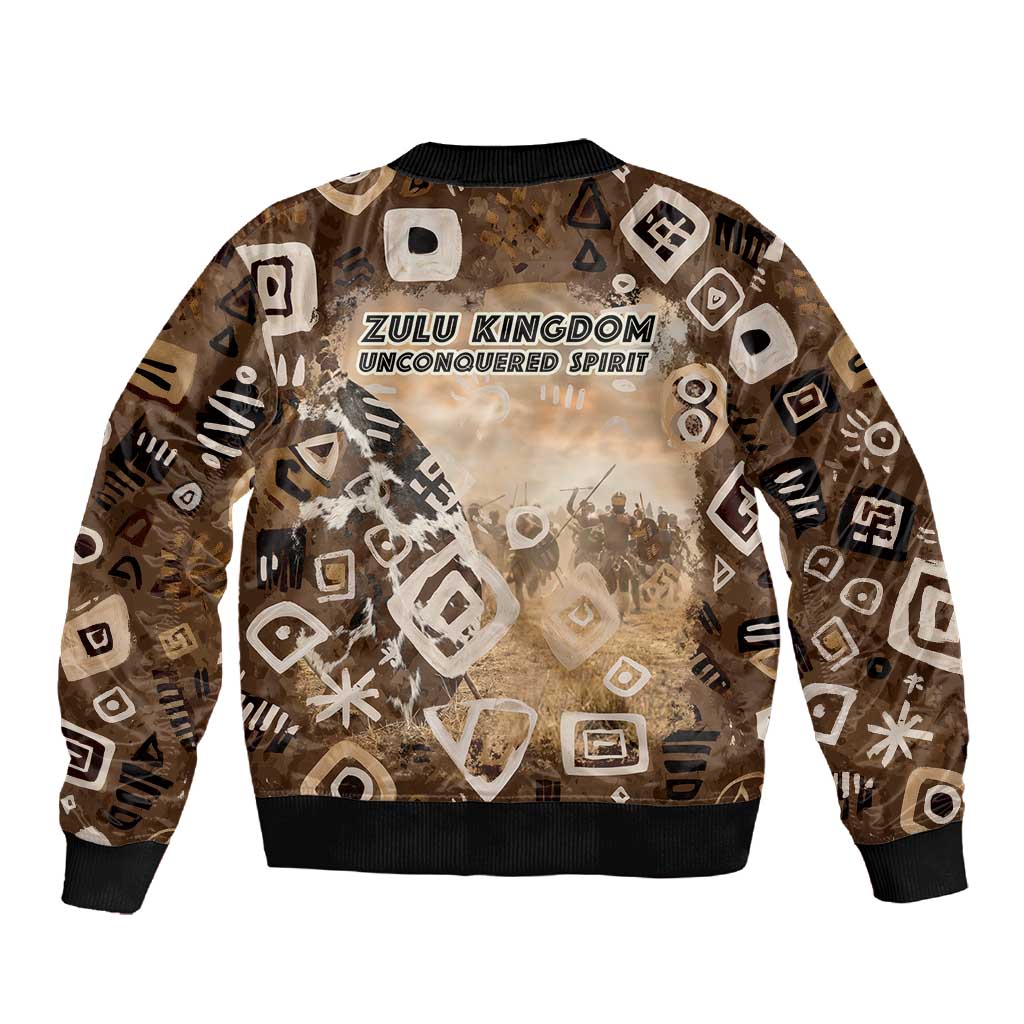 Shaka Zulu Sleeve Zip Bomber Jacket Monochrome Portrait Zulu Kingdom Heritage Unconquered Spirit Warrior Legacy Theme - African Pride