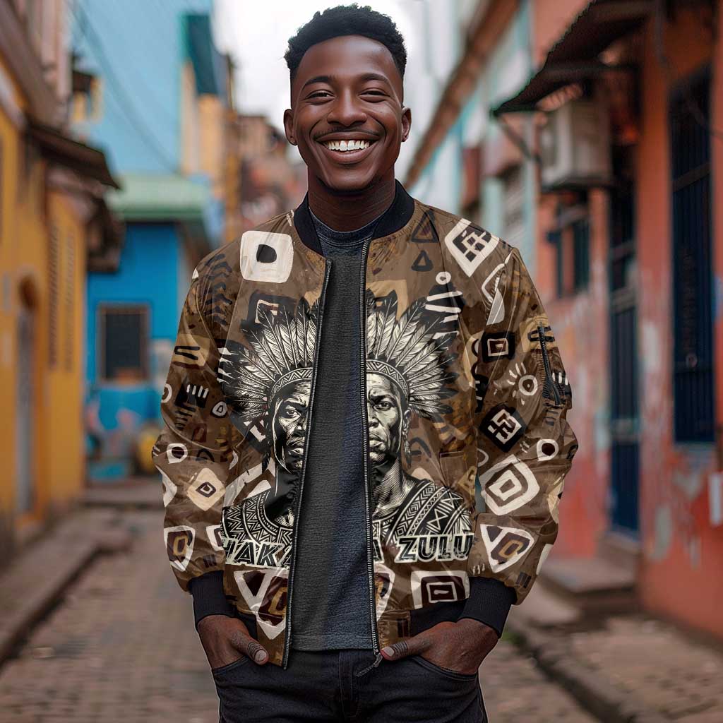 Shaka Zulu Sleeve Zip Bomber Jacket Monochrome Portrait Zulu Kingdom Heritage Unconquered Spirit Warrior Legacy Theme - African Pride