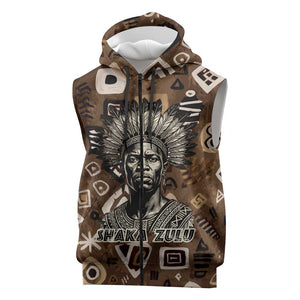 Shaka Zulu Sleeveless Zip Hoodie Monochrome Portrait Zulu Kingdom Heritage Unconquered Spirit Warrior Legacy Theme - African Pride
