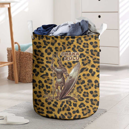 Shaka Zulu Laundry Basket Leopard Print Design Traditional Warrior Spear and Shield Illustration Tribal King - African Pride
