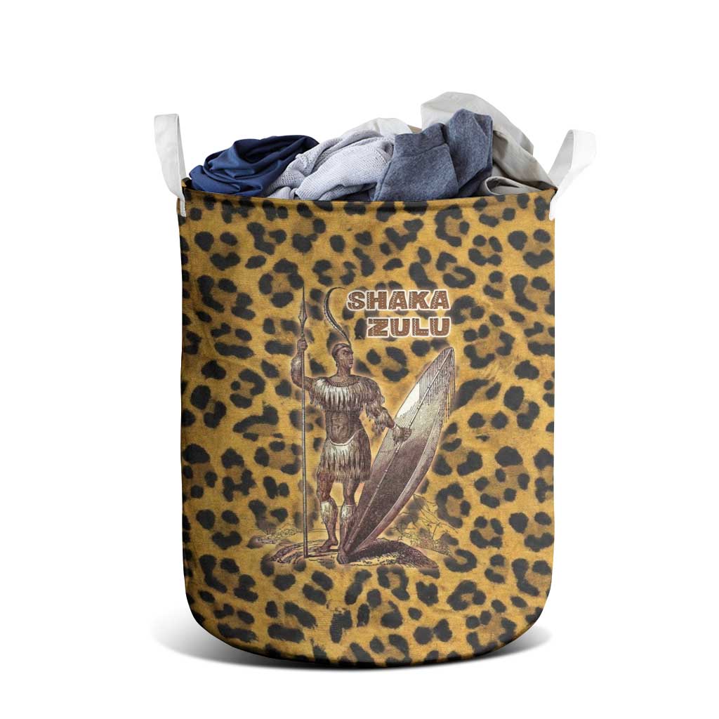 Shaka Zulu Laundry Basket Leopard Print Design Traditional Warrior Spear and Shield Illustration Tribal King - African Pride