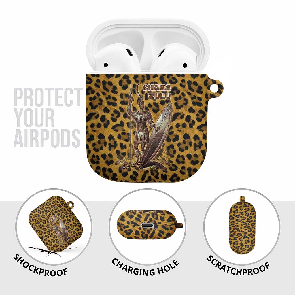 Shaka Zulu AirPods Case Leopard Print Design Traditional Warrior Spear and Shield Illustration Tribal King - African Pride