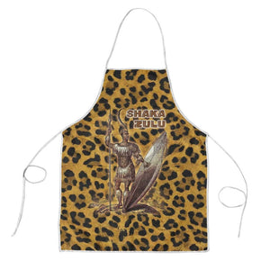 Shaka Zulu Apron Leopard Print Design Traditional Warrior Spear and Shield Illustration Tribal King - African Pride