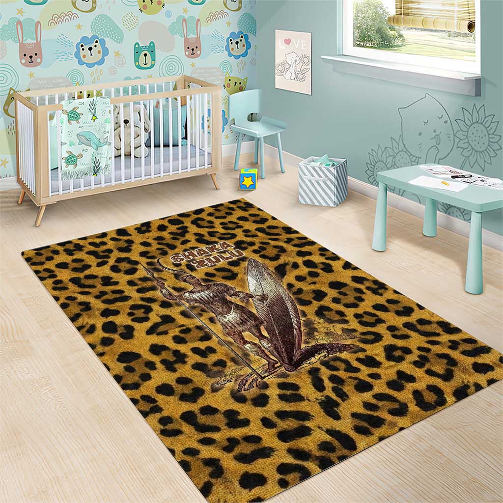 Shaka Zulu Area Rug Leopard Print Design Traditional Warrior Spear and Shield Illustration Tribal King - African Pride