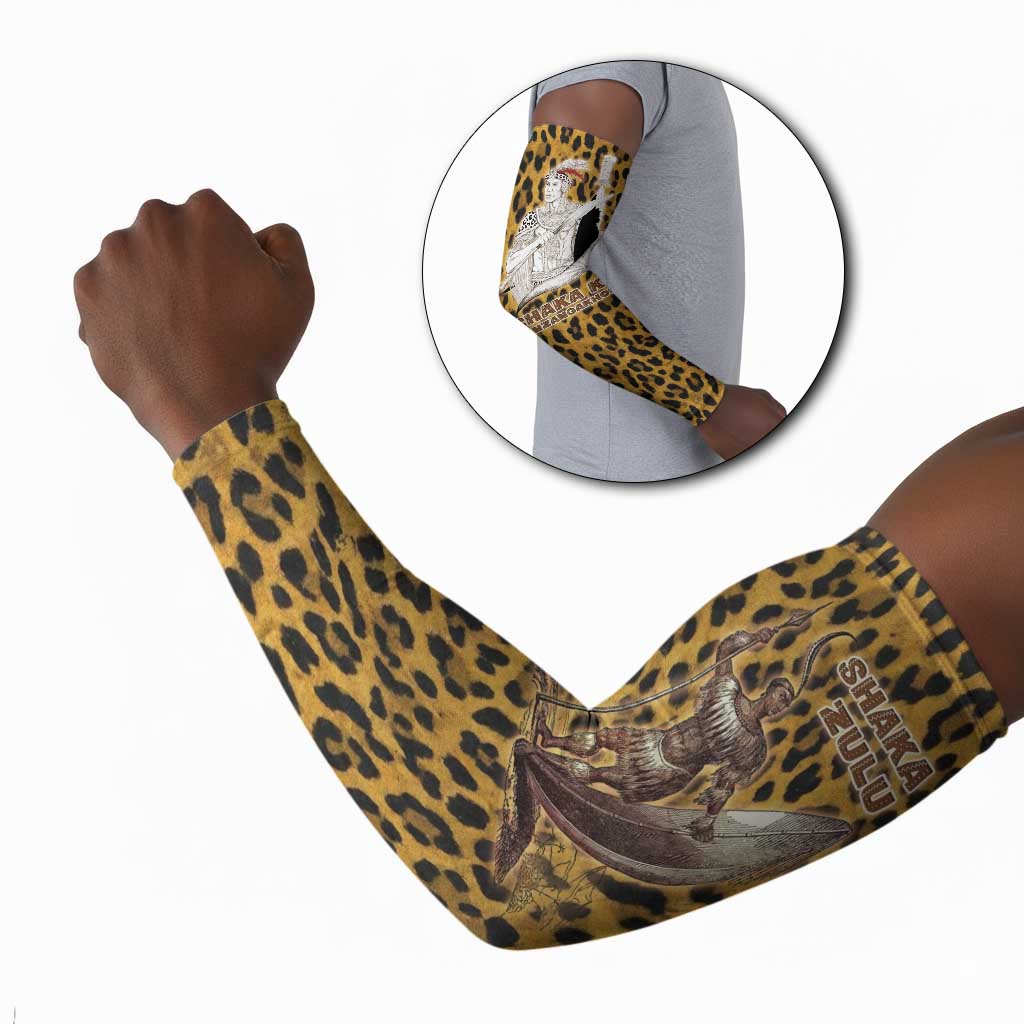 Shaka Zulu Arm Sleeves Leopard Print Design Traditional Warrior Spear and Shield Illustration Tribal King - African Pride