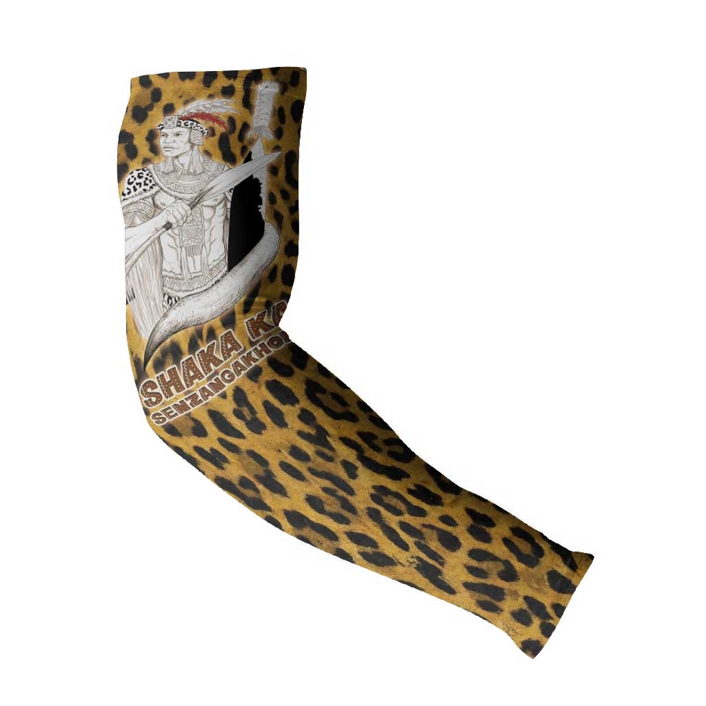 Shaka Zulu Arm Sleeves Leopard Print Design Traditional Warrior Spear and Shield Illustration Tribal King - African Pride