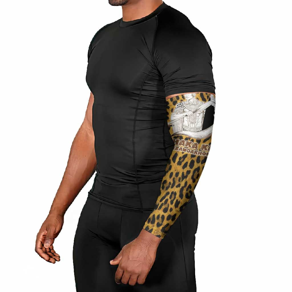 Shaka Zulu Arm Sleeves Leopard Print Design Traditional Warrior Spear and Shield Illustration Tribal King - African Pride