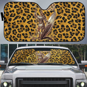 Shaka Zulu Auto Sun Shade Leopard Print Design Traditional Warrior Spear and Shield Illustration Tribal King - African Pride