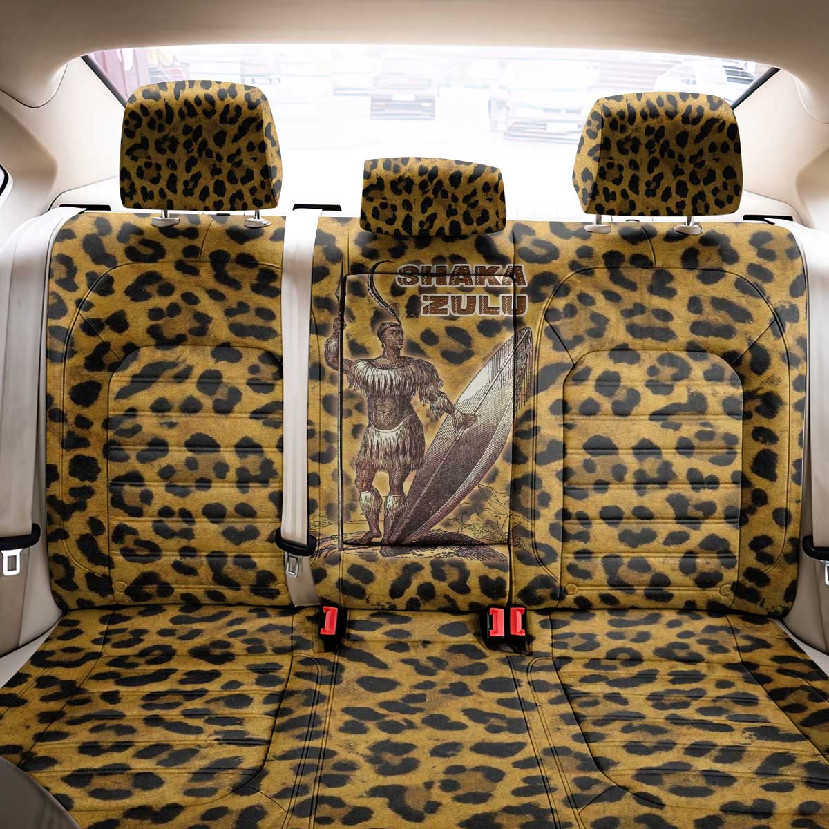 Shaka Zulu Back Car Seat Cover Leopard Print Design Traditional Warrior Spear and Shield Illustration Tribal King - African Pride