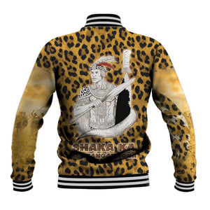 Shaka Zulu Baseball Jacket Leopard Print Design Traditional Warrior Spear and Shield Illustration Tribal King - African Pride