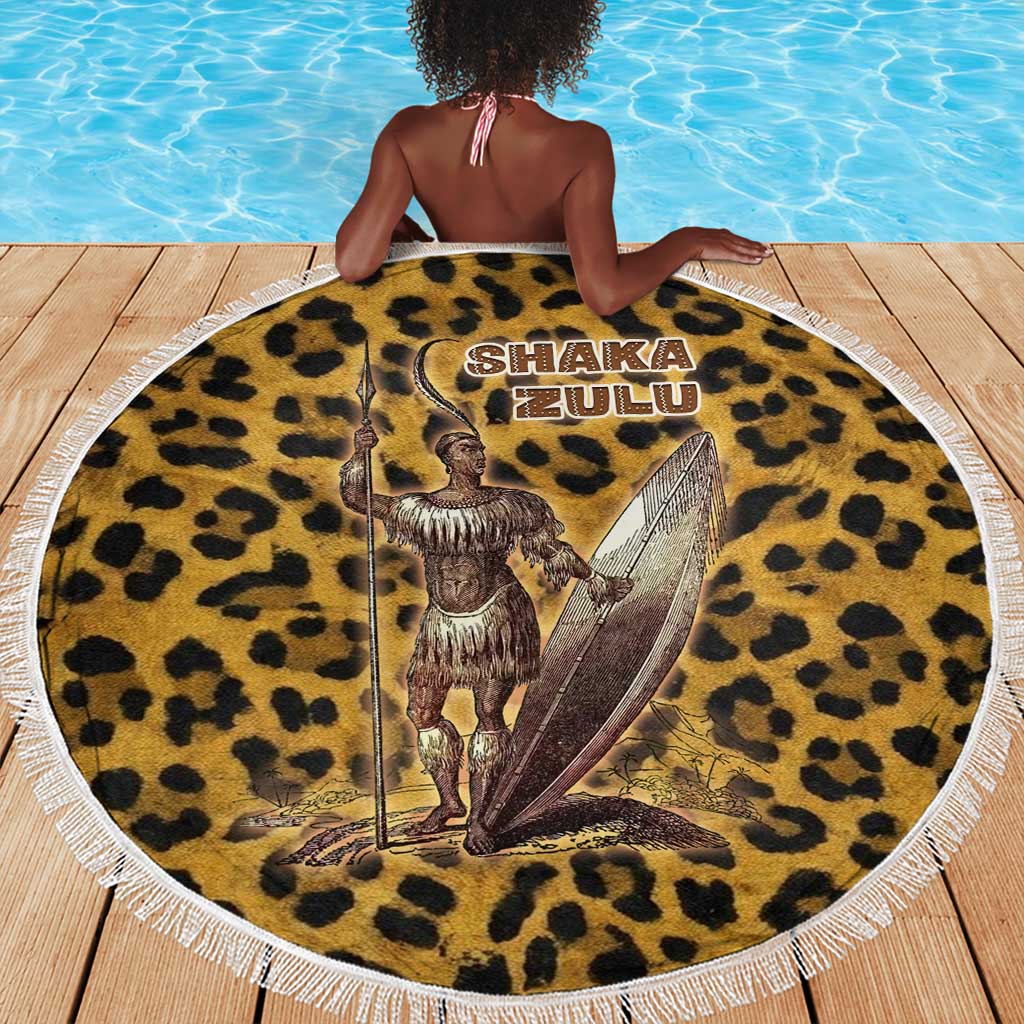 Shaka Zulu Beach Blanket Leopard Print Design Traditional Warrior Spear and Shield Illustration Tribal King - African Pride