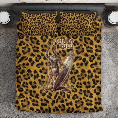 Shaka Zulu Bedding Set Leopard Print Design Traditional Warrior Spear and Shield Illustration Tribal King - African Pride