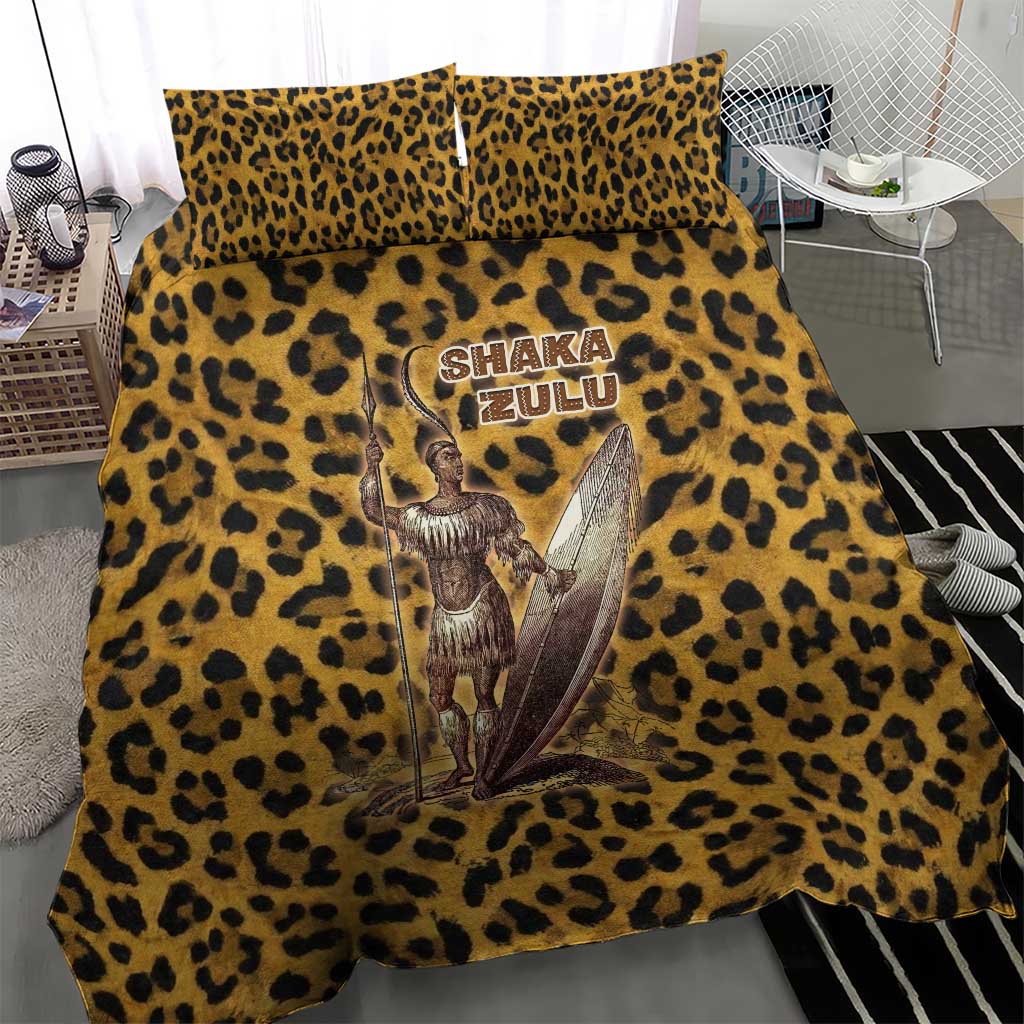 Shaka Zulu Bedding Set Leopard Print Design Traditional Warrior Spear and Shield Illustration Tribal King - African Pride