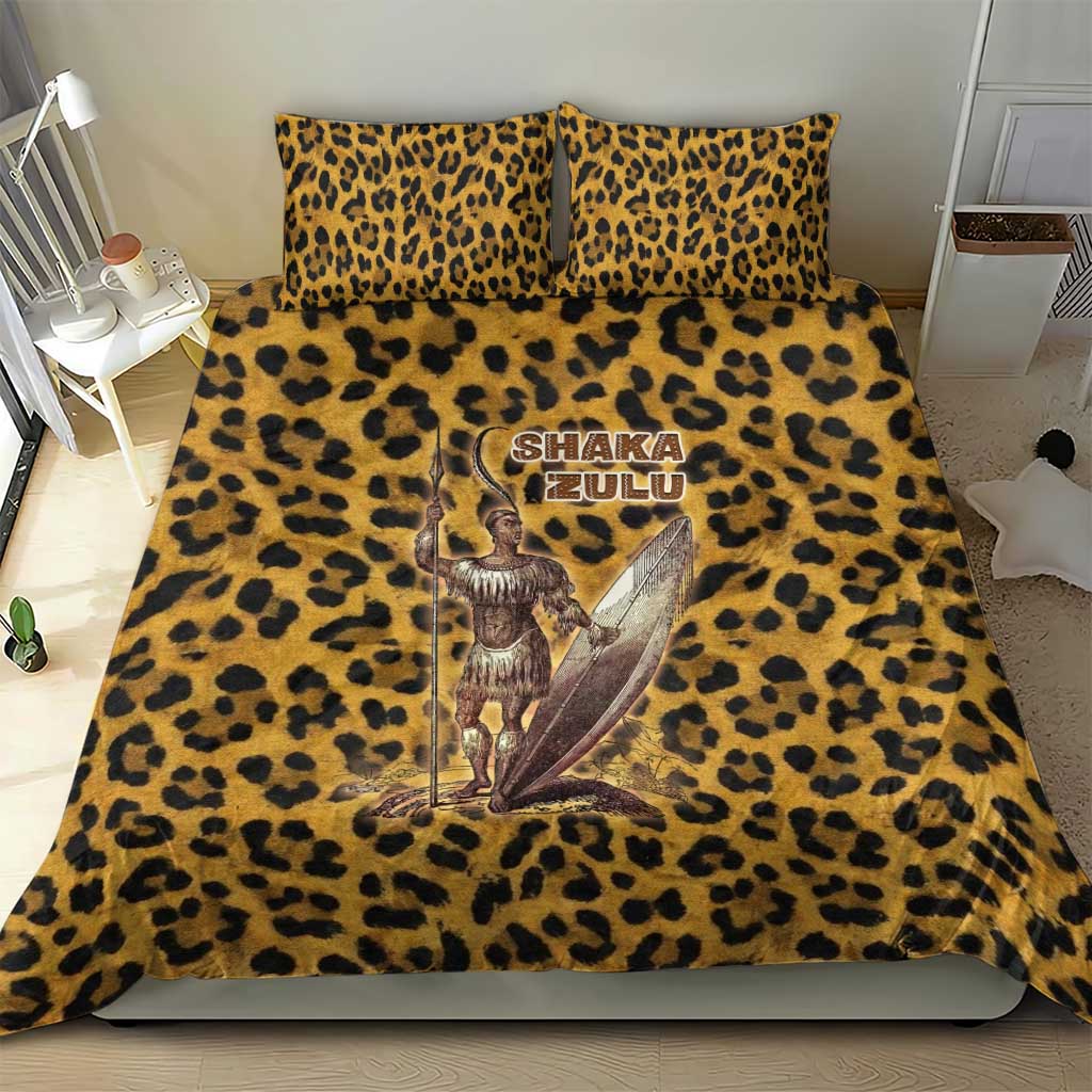 Shaka Zulu Bedding Set Leopard Print Design Traditional Warrior Spear and Shield Illustration Tribal King - African Pride