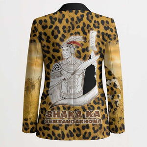 Shaka Zulu Blazer Leopard Print Design Traditional Warrior Spear and Shield Illustration Tribal King - African Pride