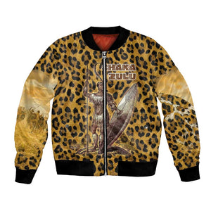 Shaka Zulu Bomber Jacket Leopard Print Design Traditional Warrior Spear and Shield Illustration Tribal King - African Pride