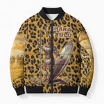 Shaka Zulu Bomber Puffer Jacket Leopard Print Design Traditional Warrior Spear and Shield Illustration Tribal King - African Pride