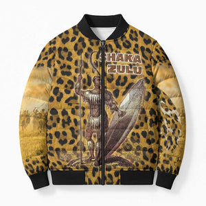 Shaka Zulu Bomber Puffer Jacket Leopard Print Design Traditional Warrior Spear and Shield Illustration Tribal King - African Pride