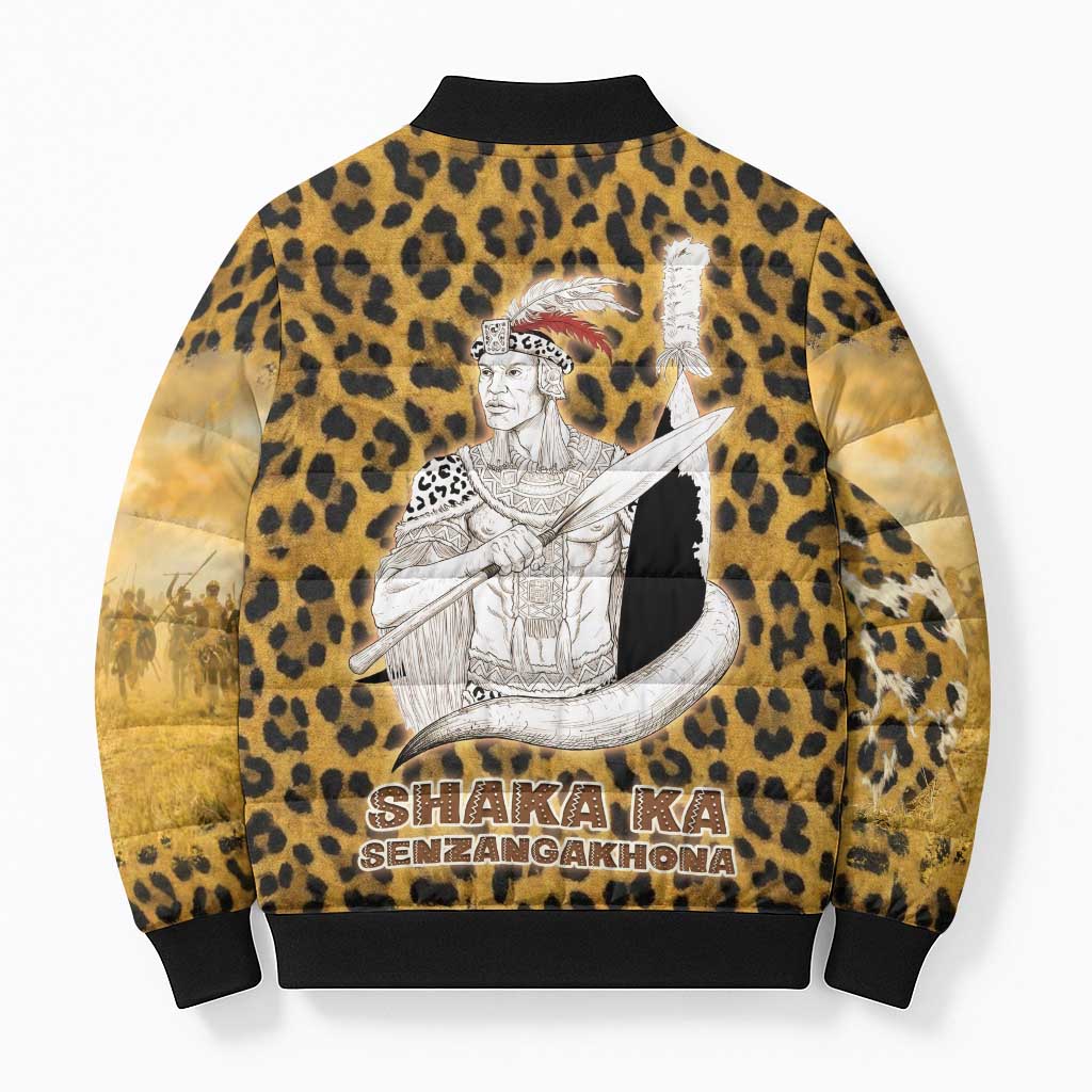 Shaka Zulu Bomber Puffer Jacket Leopard Print Design Traditional Warrior Spear and Shield Illustration Tribal King - African Pride
