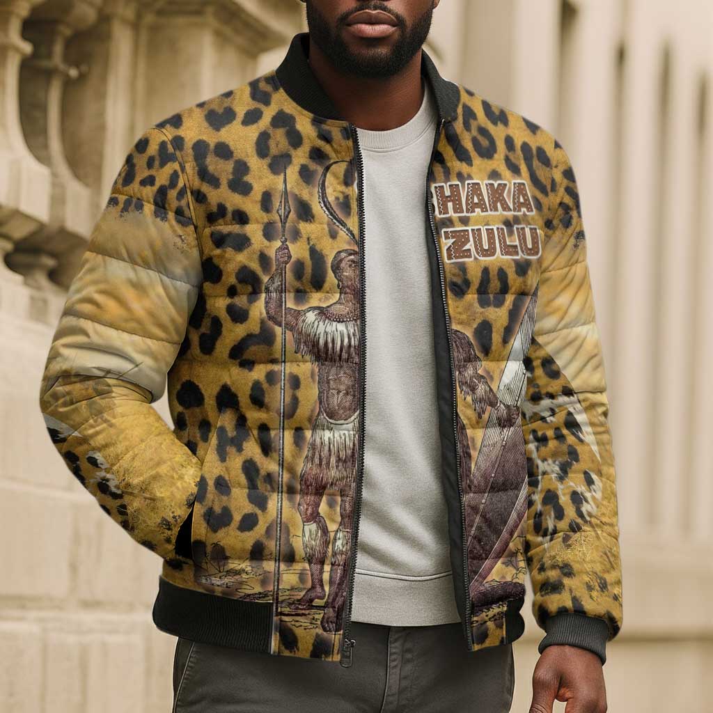 Shaka Zulu Bomber Puffer Jacket Leopard Print Design Traditional Warrior Spear and Shield Illustration Tribal King - African Pride